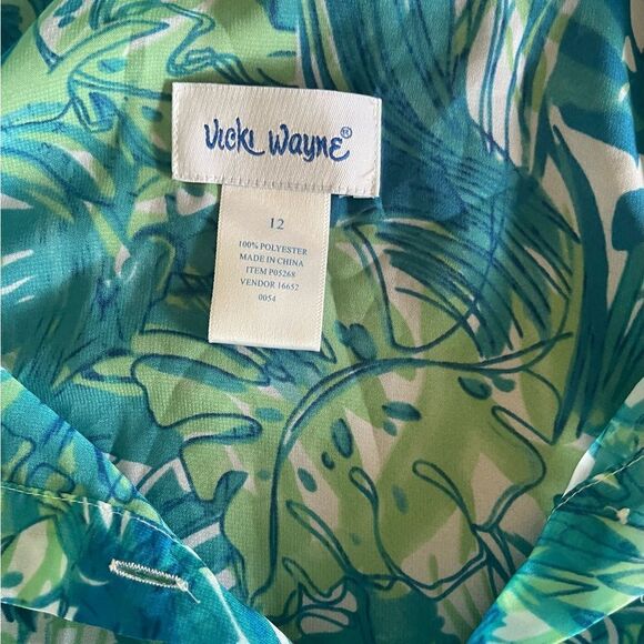 Vicki Wayne tropical teal & green button down long sleeve sheer blouse sz 12 - Picture 7 of 7